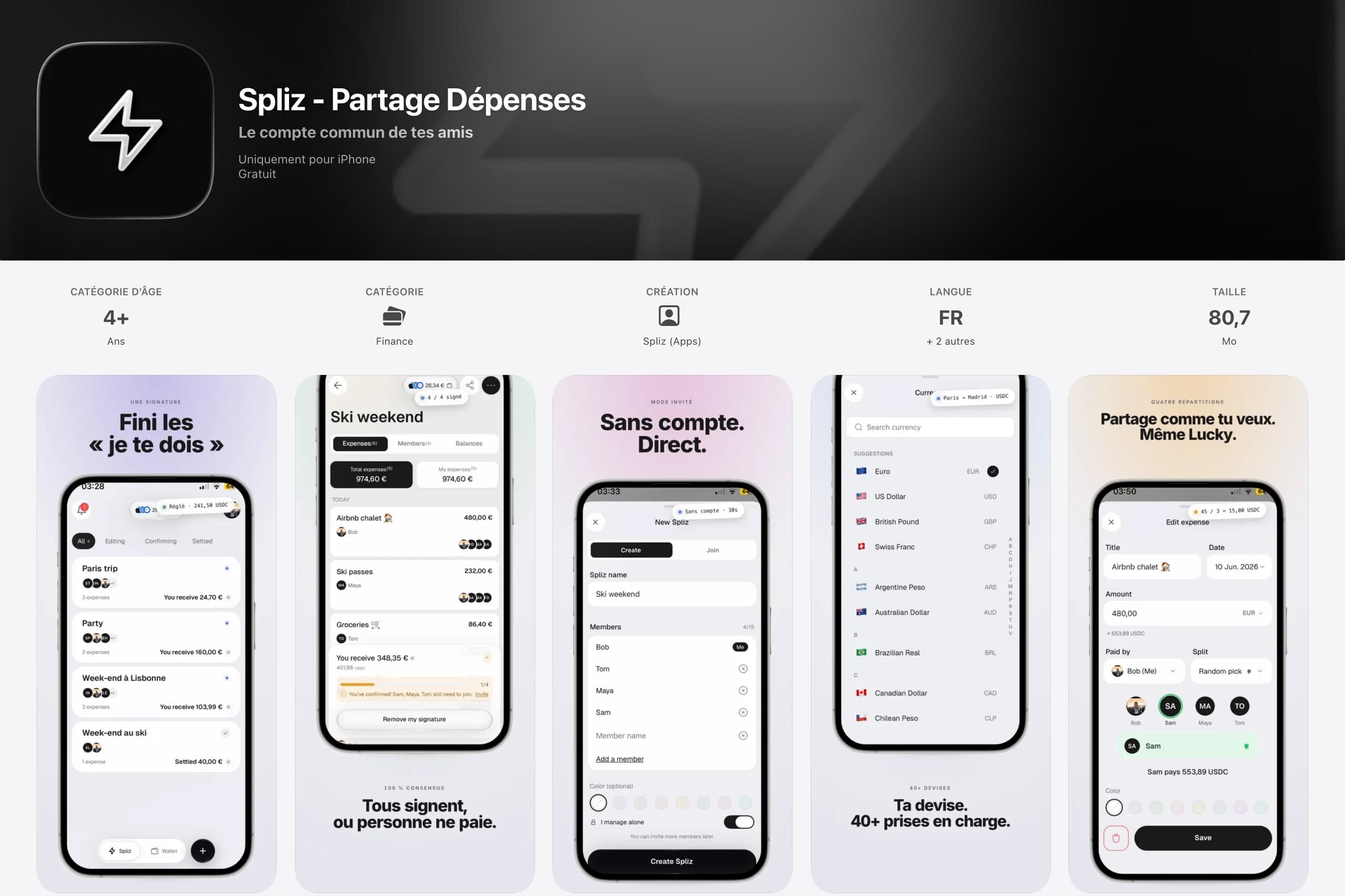 La fiche produit Spliz sur l'App Store